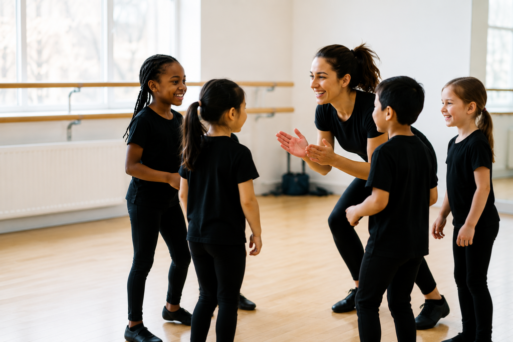 Drama teacher leading a group of young students in a bright dance studio